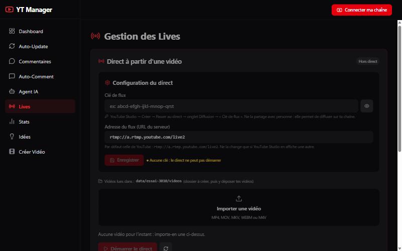 YouTube Manager IA : la page du direct à partir d’une vidéo