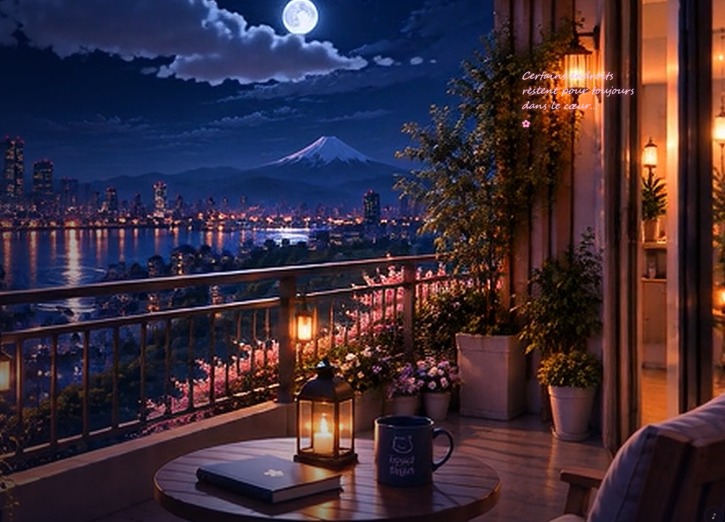 Balcon éclairé de lanternes devant un lac et une montagne, de nuit